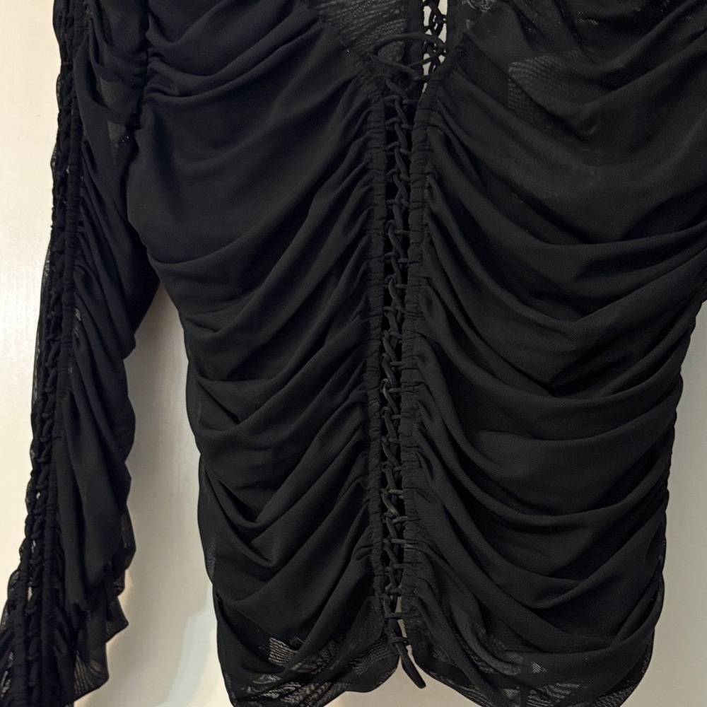 Marciano Black Sheer Ruched Lace-Back Long Sleeve Top - Picture 3 of 5